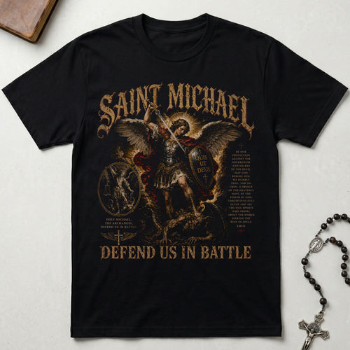 Black t-shirt with Saint Michael design and text on a light gray background