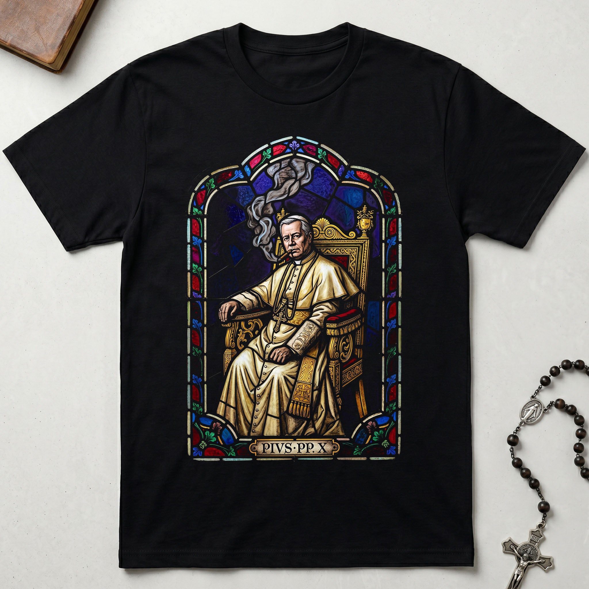 Smoking Saint Pius X Stained Glass T-Shirt